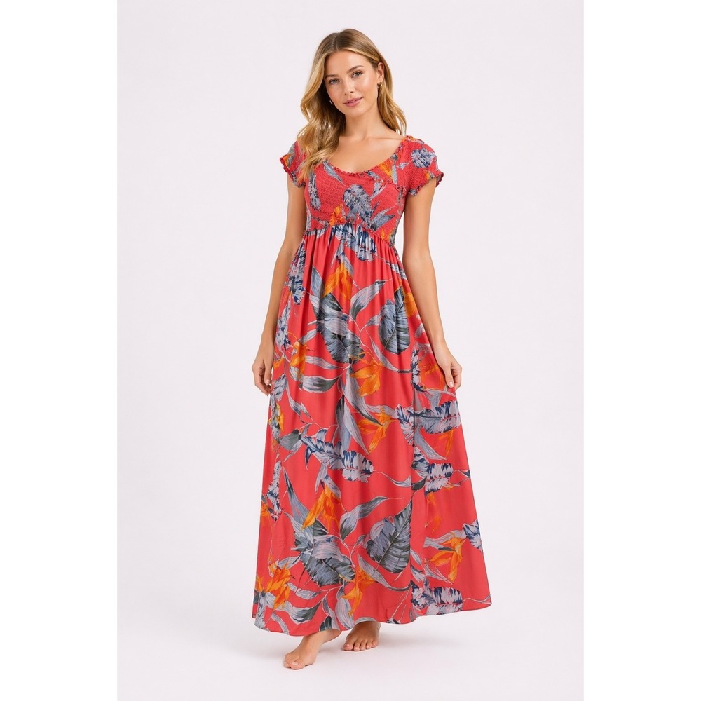Patrons Of Peace Tropical Floral Maxi Dress Size M Smocked Resort Cruise Beach‎